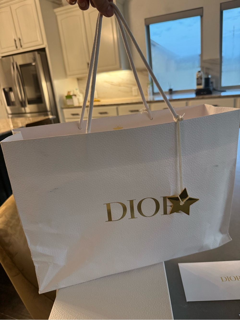 Dior Cream Gift Bag with Gold Bee Motif and shoe box with gold star